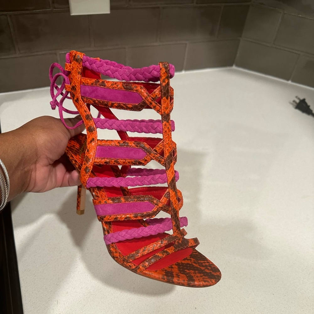 B Brian Atwood Elisa Python Tie-Back Sandal, Orange/Pink